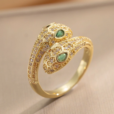 Snake Ring 18K Gold Plated Copper Micro Pave Zircon Green Gemstone Eyes Adjustable Luxury Fashion Jewelry For Women