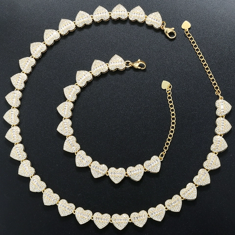 Parure de Collier et Bracelet à Maillons en Cœur en Cuivre de Luxe pour Femmes Mode Bijoux Hip Hop en Forme de Cœur en Zircone
