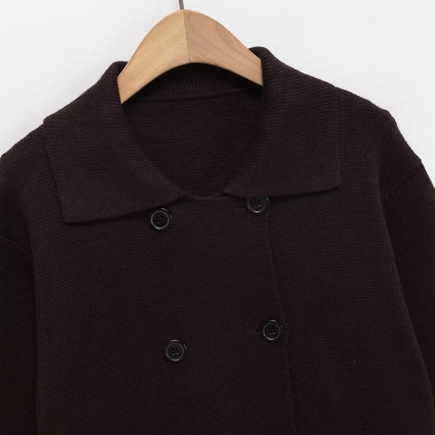 Damen Zweireihig Strickjacke Pullover Revers Langarm Geripptes Bündchen Klapptasche Herbst Winter Elegante Oberbekleidung