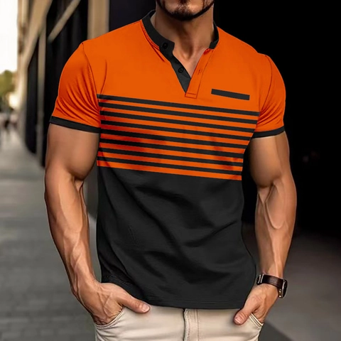 Men's Short Sleeve Polo Shirt Striped Color Block Henley Neck Casual Slim Fit Polyester Spandex Athletic Top