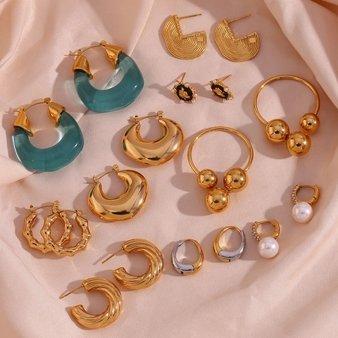 Vintage Stainless Steel U-Shaped Hoop Earrings For Women 18K Gold Plated Acrylic Rhinestone Artificial Pearl Drop Earrings