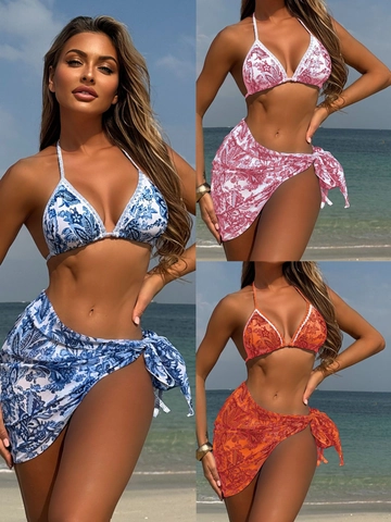 Halter Neck Bikini Top Triangular Bottoms And Matching Sarong Cover Up Vintage Paisley Print Swimwear Beachwear Scalloped