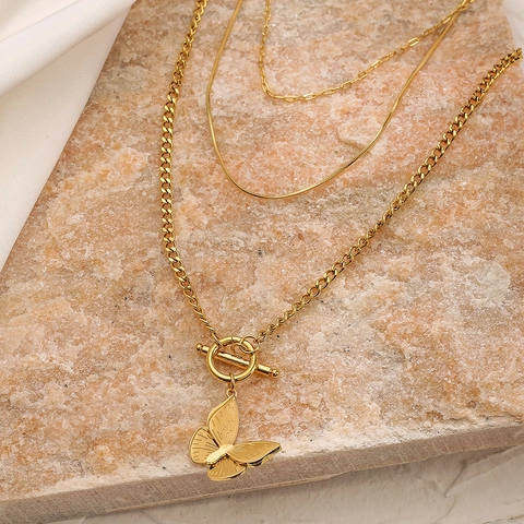 Collier Pendentif Papillon Multi Couches Acier Inoxydable Plaqué Or Fermoir Toggle Chaîne Serpent Bijoux Mode