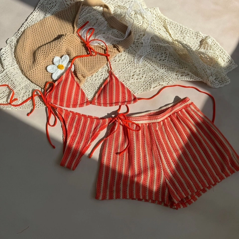 Top Bikini All'uncinetto A Righe Slip Triangolo E Pantaloncini Halter Moda Mare Sexy Per Donna Stile Boho