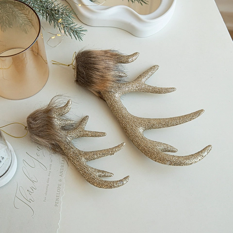 Reindeer Antler Hanging Ornaments Christmas Tree Decorations Resin Glitter Faux Fur Deer Horn Xmas Decor Window Display