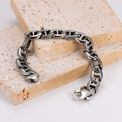 Pulsera De Cadena Con Eslabones En H Vintage Para Hombre Acero Inoxidable 304 Textura De Escamas De Dragón Joyería