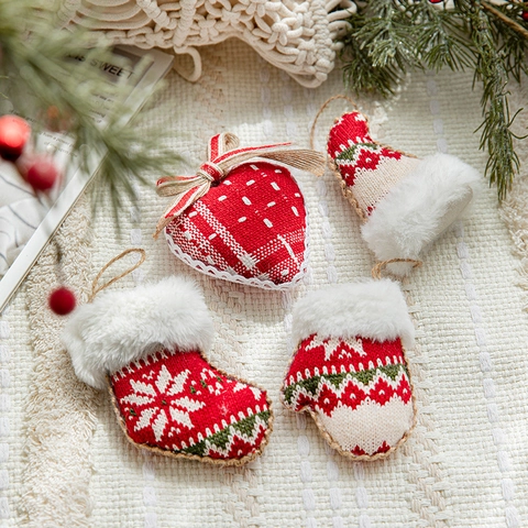 Christmas Hanging Ornaments Knitted Fabric Burlap Faux Fur Tree Pendants Holiday Home Party Decor Red White Green