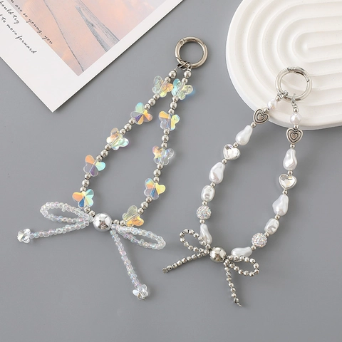 Mode Acryl Perlen Schleife Schlüsselanhänger Künstliche Perle Tasche Anhänger Irisierend Schmetterling Herz Charm Strap Für Damen