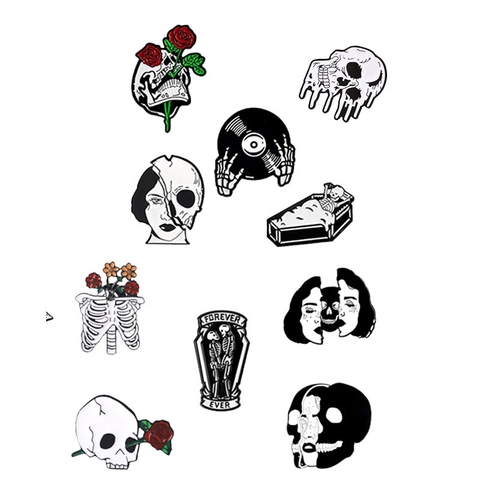 Gothic Enamel Brooch Pin Alloy Skull Rose Coffin Halloween Punk Jewelry Accessory For Clothing Bag Backpack Jacket