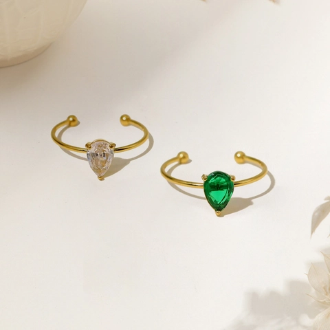 French Minimalist Adjustable Open Ring 18K Gold Plated Titanium Steel Pear Shaped Zircon Waterdrop Elegant Jewelry For Women