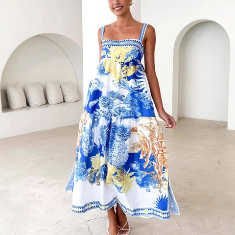 Women Floral Print Maxi Dress Polyester Mediterranean Style Square Neck Sleeveless Tiered Hem Vacation Beach Summer Long
