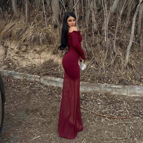 Robe Maxi Patchwork En Maille Épaules Dénudées À Lacets Manches Longues Moulante Sexy Élégante Soirée Pour Femmes