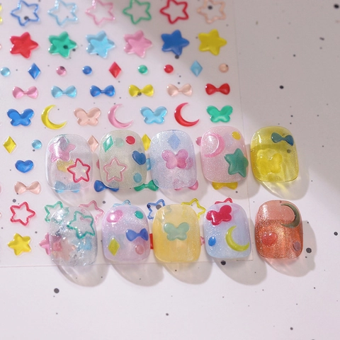 Autocollants Ongles Relief 3D Étoile Lune Papillon Cœur Texture Gelée Autocollant Décoration Manucure DIY