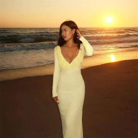 Women Long Sleeve Maxi Dress Ruffle Deep V Neck Slim Fit Solid Color Polyester Spandex Sexy Bodycon Streetwear