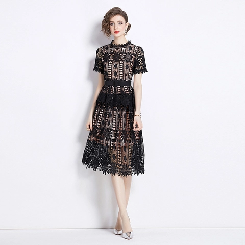 Vestito Midi Elegante Da Donna In Pizzo Traforato Maniche Corte Ricamo Floreale Linea A Vestibilità Aderente Con Cintura