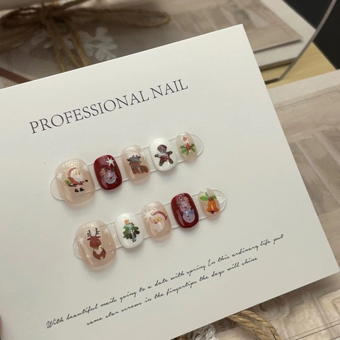 Uñas Postizas Hechas A Mano Tema De Navidad Papá Noel Reno Cortas Reutilizables Uñas Artificiales Para Mujeres