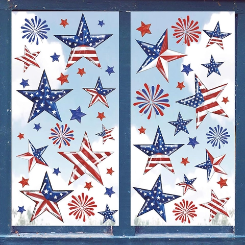 Adesivi Per Finestre Giorno Dell'Indipendenza PVC Aderenza Statica Stella Fuochi D'artificio Gnomo Tema Patriottico Decorazione Casa