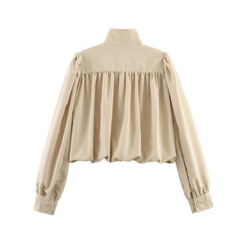 Französischer Stil Kurze Jacke Stehkragen Laternenärmel Plissierter Saum Einfarbig Elegante Oberbekleidung Für Damen Aprikose