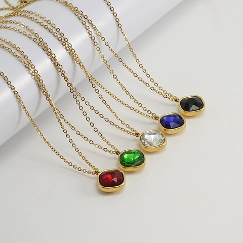 Geometric Square Zircon Pendant Necklace Stainless Steel 18K Gold Plated Fashion Statement Jewelry For Women Daily Wear