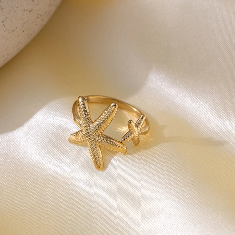 Sea Star Shell Open Adjustable Rings Stainless Steel Marine Ocean Element Gold Silver Tone For Women