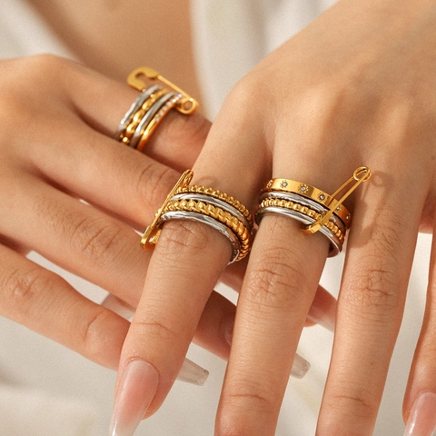 Stainless Steel Stacking Rings Two Tone Layered Zircon Inlaid Safety Pin Charm Chic Industrial Punk Style For Women