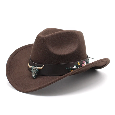 Western Cowboy Hat Felt Wool With Bull Head Ornament And Floral Embroidery Ethnic Style For Men Women