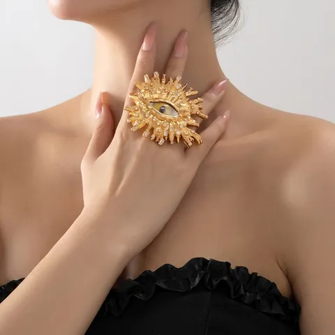 Anello Statement in Ottone Vintage Con Occhio e Raggi di Sole per Donna Anello Artistico Retrò Decorato Con Strass Regalo Gioielli