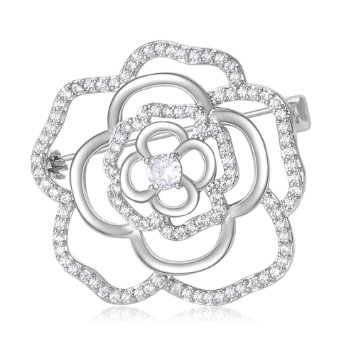 Broche de Flor de Camelia Hueca de Cobre de Lujo Con Microcirconia Alfiler de Rosa Joyería Elegante de Fiesta de Boda