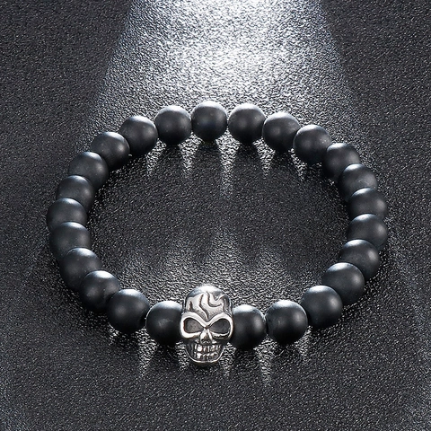 Men Beaded Bracelet 316L Stainless Steel Skull Matte Black Stone Beads Elastic Punk Gothic Jewelry