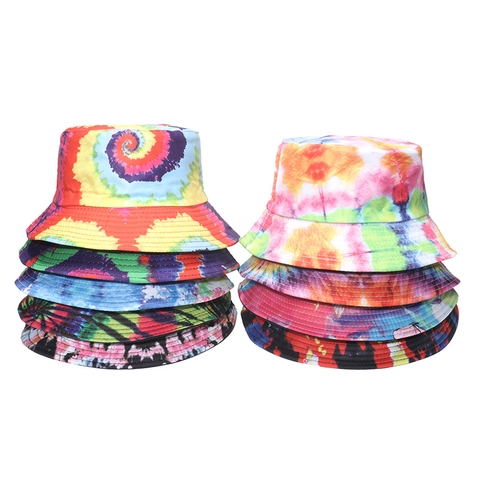 Colorful Tie Dye Bucket Hat Polyester Sun Protection Foldable Outdoor Beach Summer Fisherman Cap For Men Women