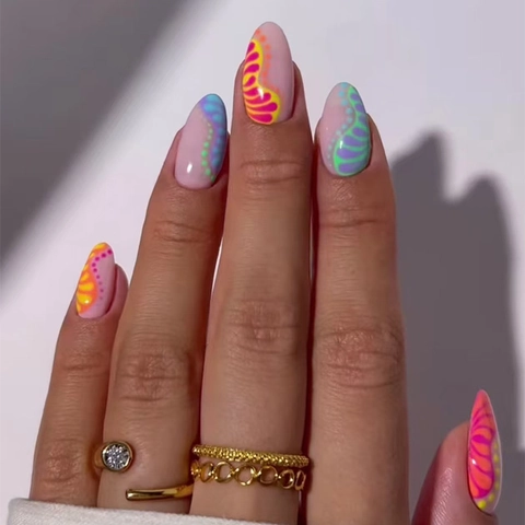 Colorful Abstract Wavy Graffiti Press On Nails Long Almond Shape ABS Plastic Detachable DIY Manicure For Women Girls