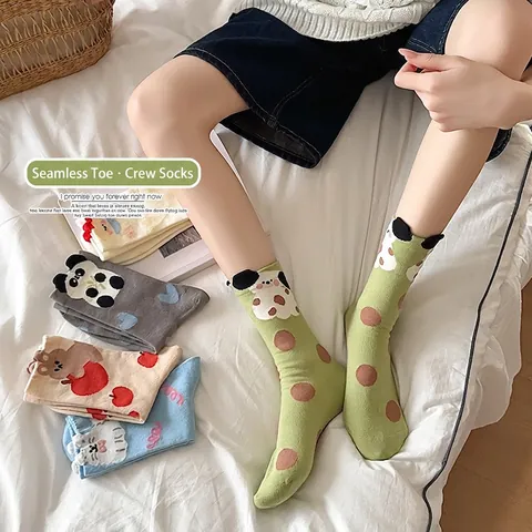 Calcetines Media Pantorrilla De Algodón Peinado Para Mujer Patrón De Animales 3D Costura Suave Transpirable Dulce