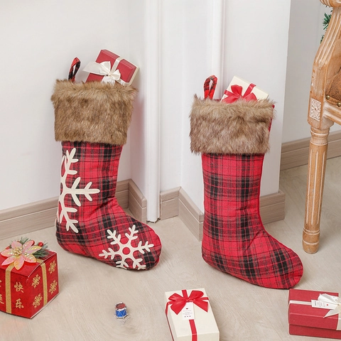 Calza Di Natale Quadri Rosso Nero Pelliccia Sintetica Fiocco Neve Sacchetto Regalo Decorazione Camino Festa