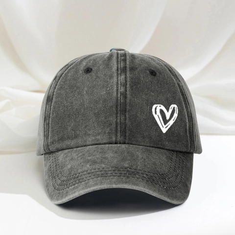Washed Cotton Baseball Cap White Heart Embroidery Adjustable Sunscreen Outdoor Casual Vintage Style Hat For Women Men