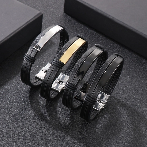 Herren Doppelreihiges Lederarmband Mit Edelstahl Gebogener Metallplatte Minimalistischer Schmuck