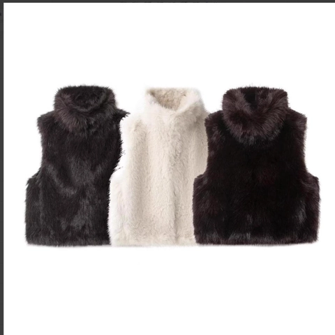 Damen Kunstpelz Weste Stehkragen Reißverschluss Ärmellos Dicke Warme Strickjacke Oberbekleidung Winter Vintage