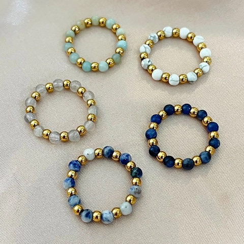 Handmade Natural Stone Beaded Ring Stainless Steel Gold Beads Stretch Elastic Minimalist Boho Jewelry For Women