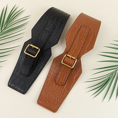 Damen Mode Krokodilmuster Breiter Korsettgürtel Elastischer Taillengürtel PU-Leder Gürtel Mit Goldener Schnalle Für Kleid Mantel Dekorativ