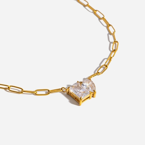 18K Vergulde Roestvrijstalen Paperclip Ketting Halsketting Hart Vierkant Zirkonia Hanger Waterdicht Hypoallergeen