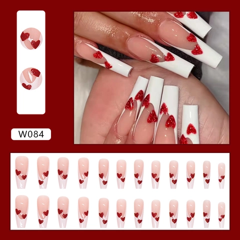 Long Coffin Press On Nails ABS Plastic French Tip Burgundy Glitter Heart Valentine Sweet Romantic Style For Women