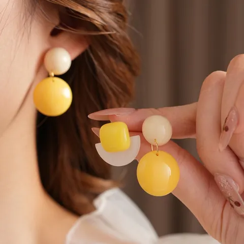 Geometric Resin Drop Earrings With Silver Earring Post Minimalist Yellow White Round Square Fashion Jewelry Women