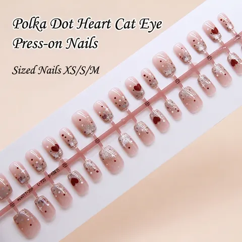 Kurze Quadratische Künstliche Nägel Süßer Rosa Verlauf Cat-Eye Herz Punkte Künstliche Fingernägel Süß Für Frauen