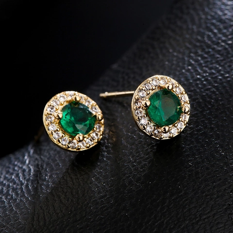 Round Halo Stud Earrings With Copper Earring Post 18K Gold Plated Zircon Geometric Retro Jewelry For Women