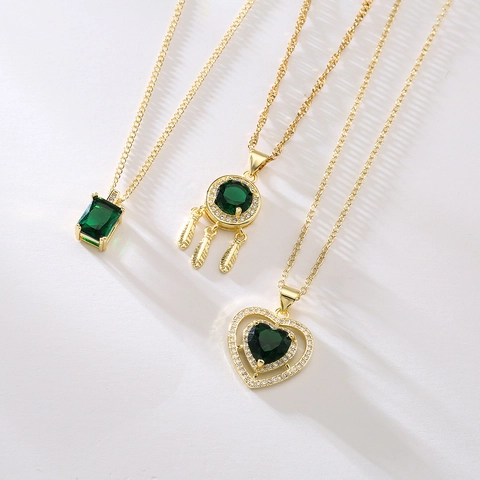 Collana Con Pendente In Zircone Verde Vintage Rame Placcato Oro 18K Stile Smeraldo Geometrico Gioielli Eleganti Per Donna