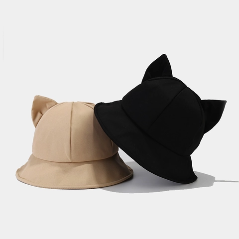Sombrero De Pescador Con Orejas De Gato Lindo Algodón Color Sólido Protección Solar Para Mujer