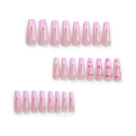 Pink French Tip Press On Nails Lange Ballerina Sargform Glänzend Herz Stern Muster Künstliche Falsche Nägel