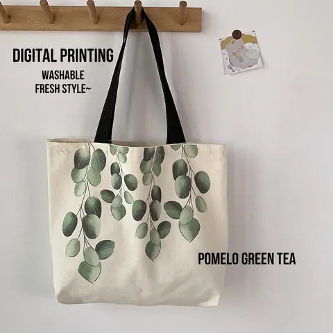 Bolso Tote De Lona De Gran Capacidad Estampado De Hojas De Eucalipto Verde Cierre De Cremallera Estilo Literario Fresco Bolso De Hombro
