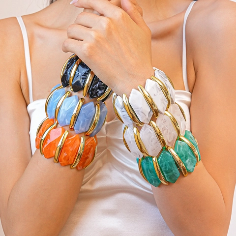 Bracelet Jonc Large En Résine Acrylique Texture Marbre Géométrique Élastique Alliage Bijoux Mode Rétro Pour Femmes