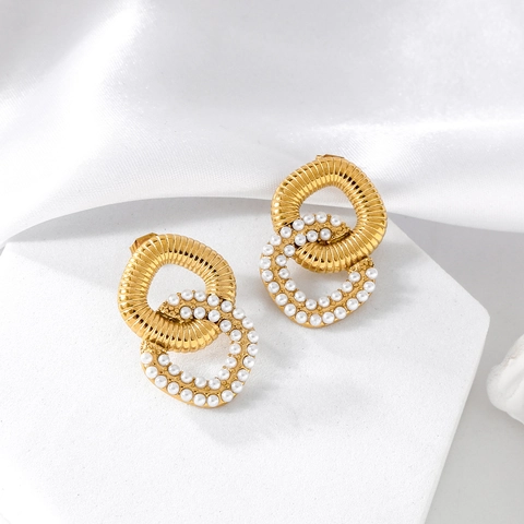 Geometric Interlocking Double Hoop Earrings 316 Stainless Steel 18K Gold Plated With Faux Artificial Pearl Vintage Luxury Women
