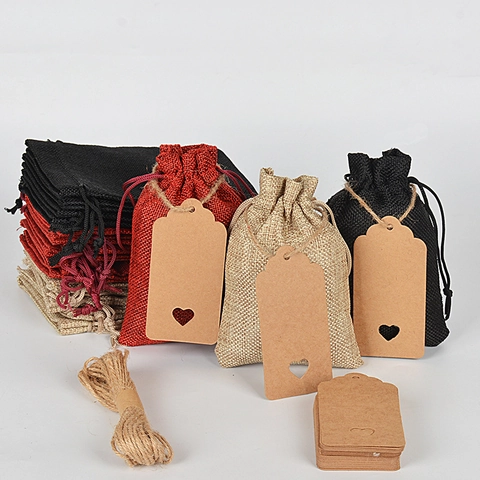 Sacchetti In Tela Di Juta Con Coulisse Con Etichette In Carta Kraft A Cuore E Spago Di Juta Per Bomboniere Regali Gioielli